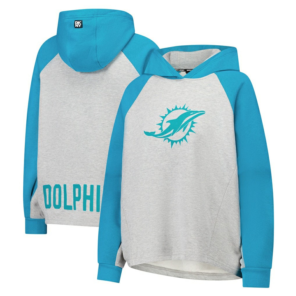 Miami Dolphins DKNY Sport Women's Joy Cropped Raglan Pullover Hoodie - Gray/Aqua | NFL