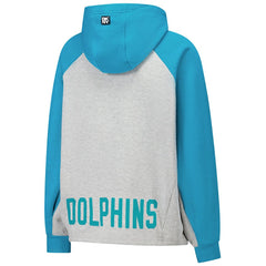Miami Dolphins DKNY Sport Women's Joy Cropped Raglan Pullover Hoodie - Gray/Aqua | NFL