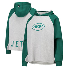 New York Jets DKNY Sport Women's Joy Cropped Raglan Pullover Hoodie - Gray/Green | NFL
