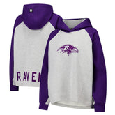 Baltimore Ravens DKNY Sport Women's Joy Cropped Raglan Pullover Hoodie - Gray/Purple | NFL