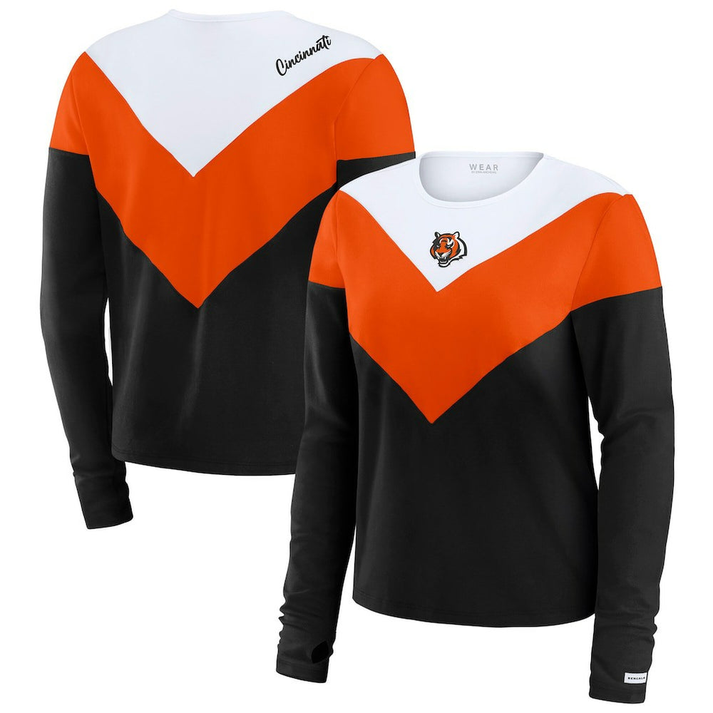 Cincinnati Bengals WEAR by Erin Andrews Women's Plus Size Chevron Tri-Blend Long Sleeve T-Shirt Black/Orange | NFL