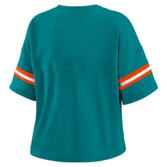 Miami Dolphins WEAR by Erin Andrews Women's Plus Size Color Block Boxy V-Neck T-Shirt Aqua | NFL