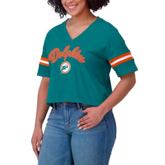 Miami Dolphins WEAR by Erin Andrews Women's Plus Size Color Block Boxy V-Neck T-Shirt Aqua | NFL