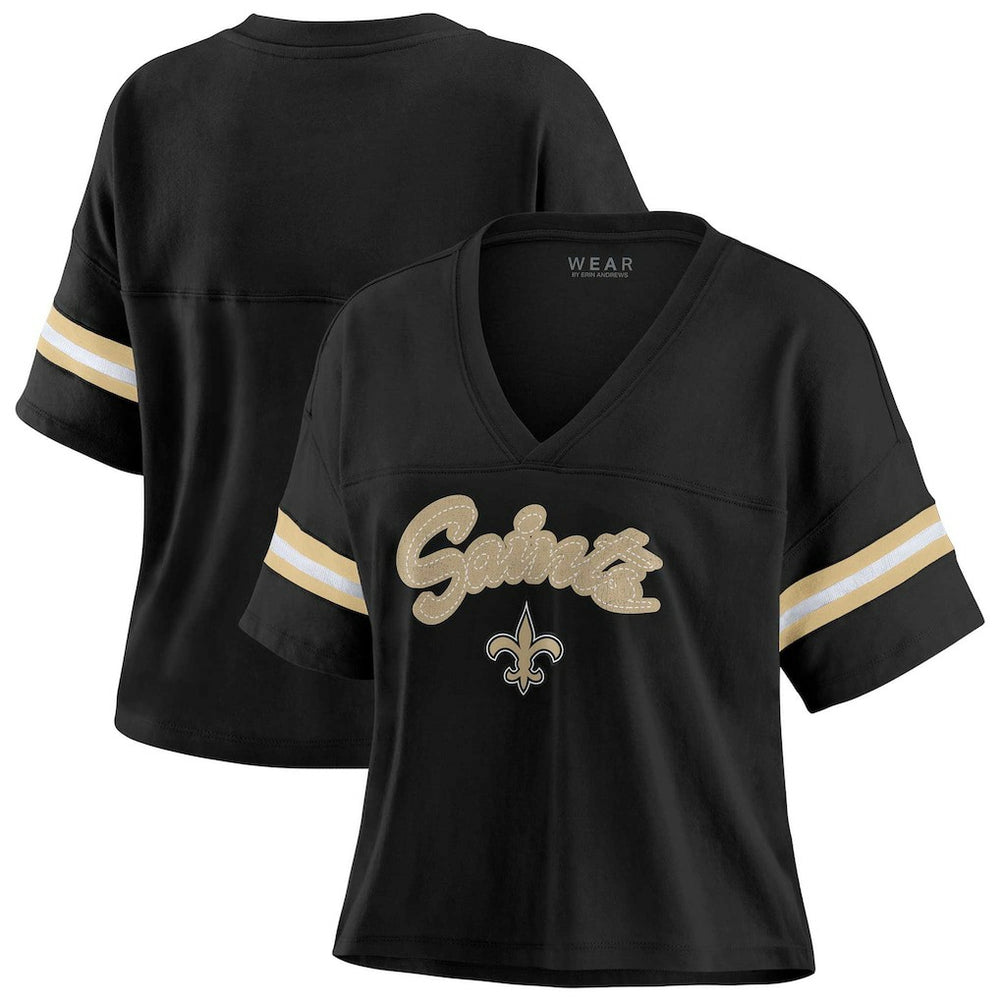 New Orleans Saints WEAR by Erin Andrews Women's Plus Size Color Block Boxy V-Neck T-Shirt Black | NFL