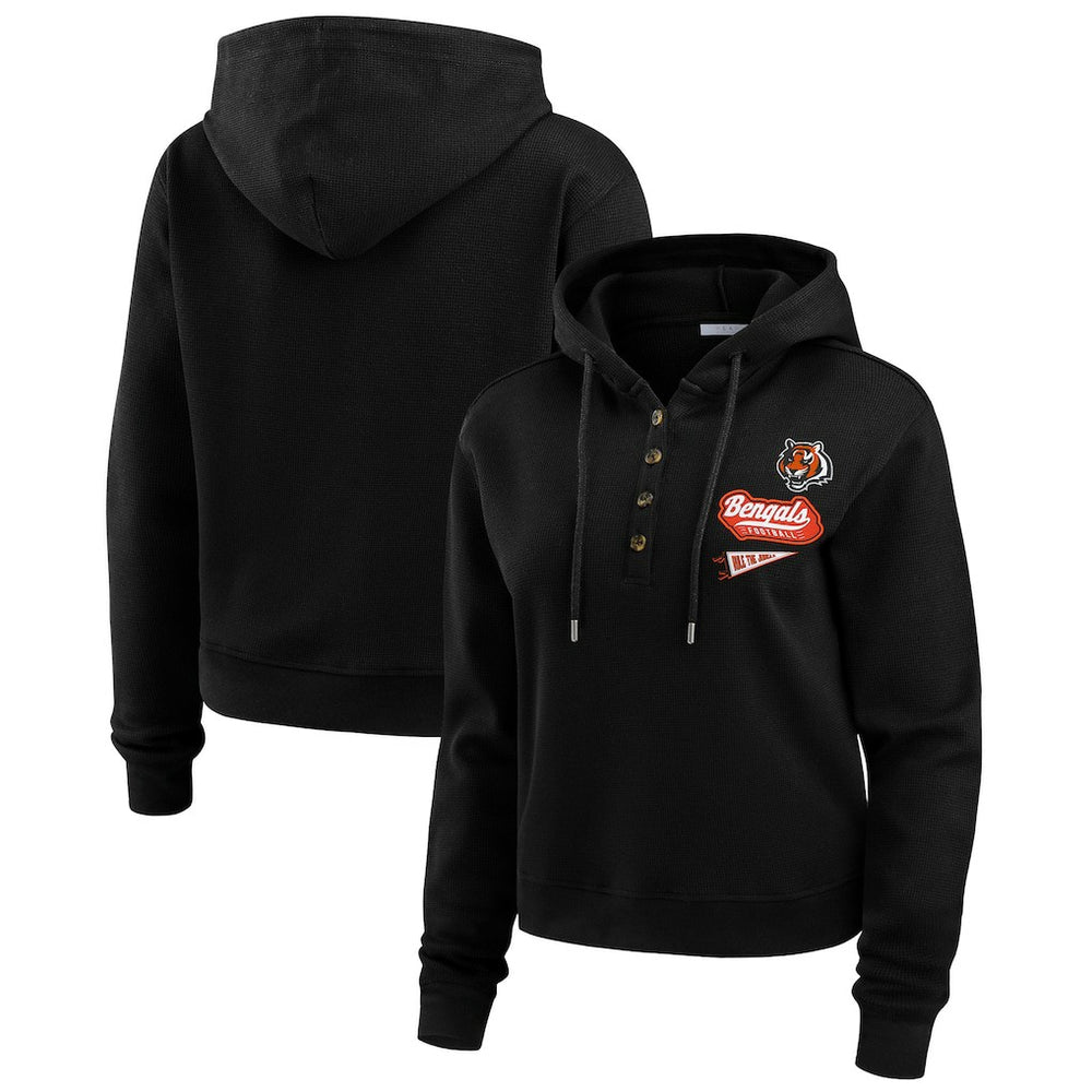 Cincinnati Bengals WEAR by Erin Andrews Women's Waffle-Knit Pullover Hoodie Black | NFL