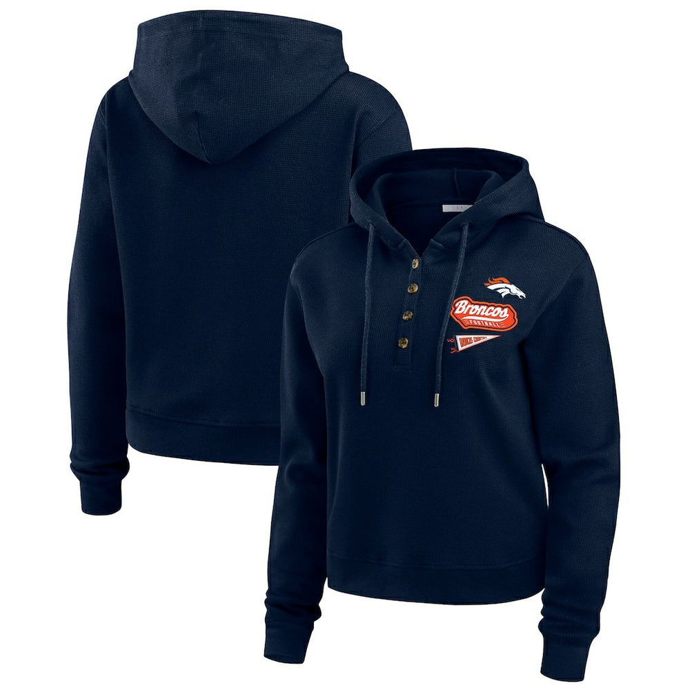 Denver Broncos WEAR by Erin Andrews Women's Waffle-Knit Pullover Hoodie Navy | NFL