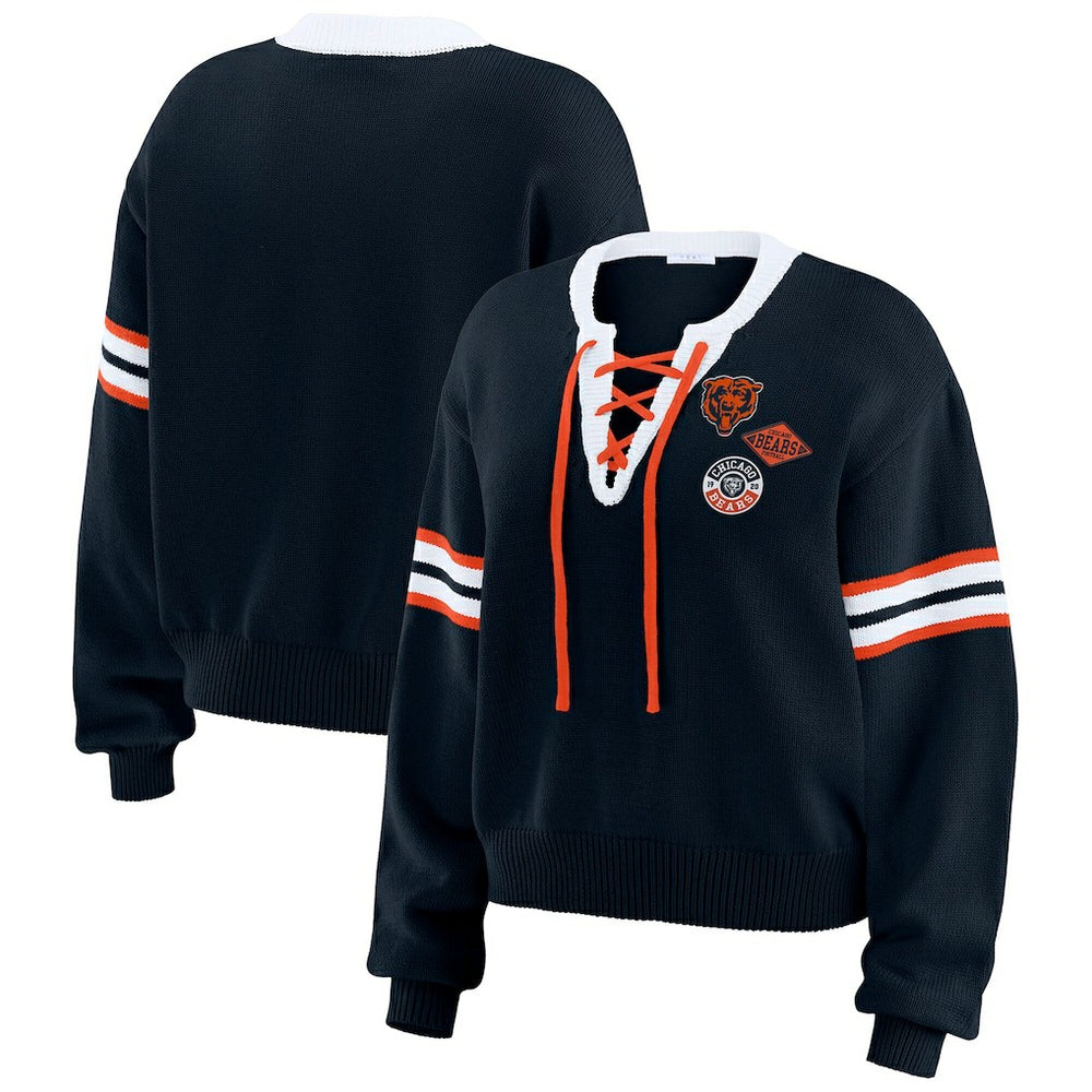 Chicago Bears WEAR by Erin Andrews Women's Lace-Up Sweater Navy | NFL