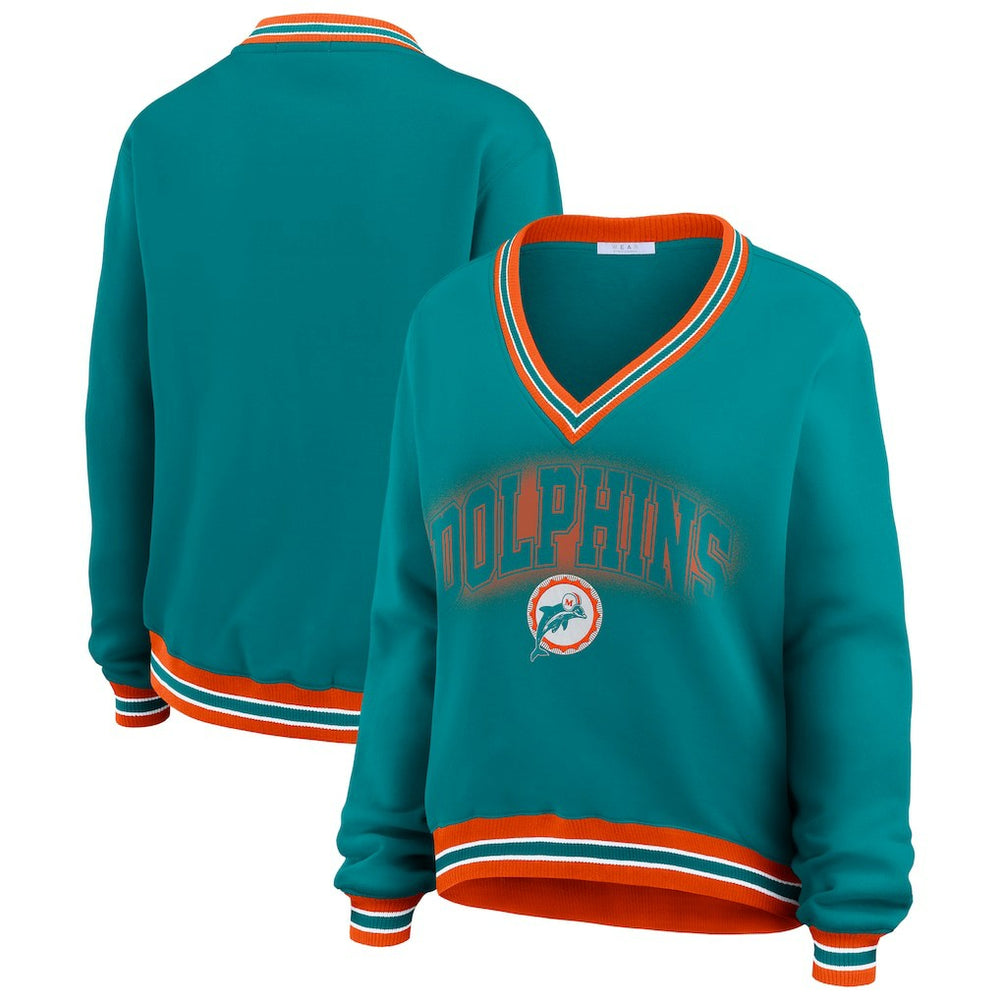 Miami Dolphins WEAR by Erin Andrews Women's Oversized Long Sleeve V-Neck Sweatshirt Aqua | NFL