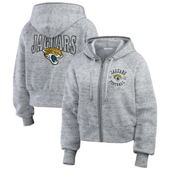 Jacksonville Jaguars WEAR by Erin Andrews Women's Speckled Fleece Cropped Full-Zip Hoodie Heather Gray | NFL