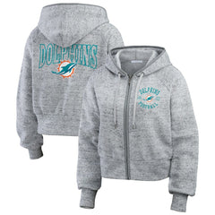 Miami Dolphins WEAR by Erin Andrews Women's Speckled Fleece Cropped Full-Zip Hoodie Heather Gray | NFL