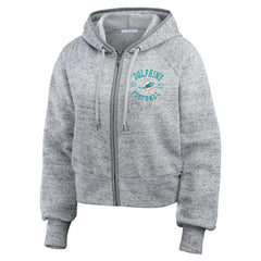 Miami Dolphins WEAR by Erin Andrews Women's Speckled Fleece Cropped Full-Zip Hoodie Heather Gray | NFL