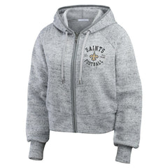 New Orleans Saints WEAR by Erin Andrews Women's Speckled Fleece Cropped Full-Zip Hoodie Heather Gray | NFL