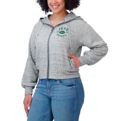 New York Jets WEAR by Erin Andrews Women's Speckled Fleece Cropped Full-Zip Hoodie Heather Gray | NFL