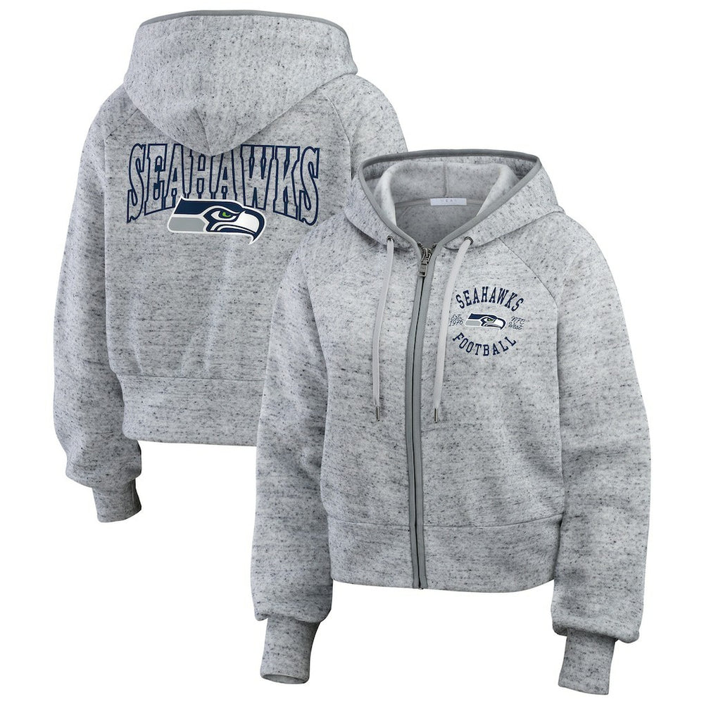 Seattle Seahawks WEAR by Erin Andrews Women's Speckled Fleece Cropped Full-Zip Hoodie Heather Gray | NFL