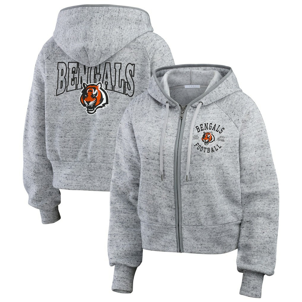 Cincinnati Bengals WEAR by Erin Andrews Women's Speckled Fleece Cropped Full-Zip Hoodie Heather Gray | NFL