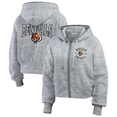 Cincinnati Bengals WEAR by Erin Andrews Women's Speckled Fleece Cropped Full-Zip Hoodie Heather Gray | NFL