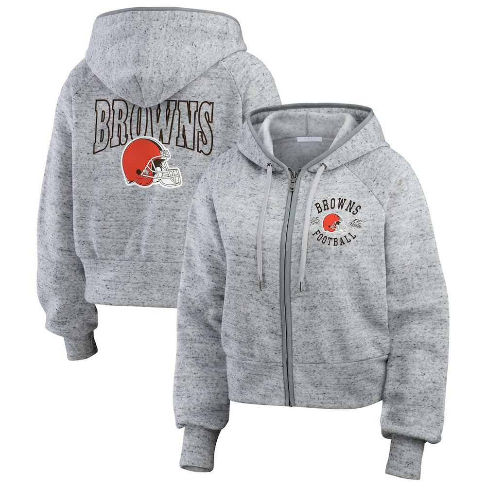 Cleveland Browns WEAR by Erin Andrews Women's Speckled Fleece Cropped Full-Zip Hoodie Heather Gray | NFL