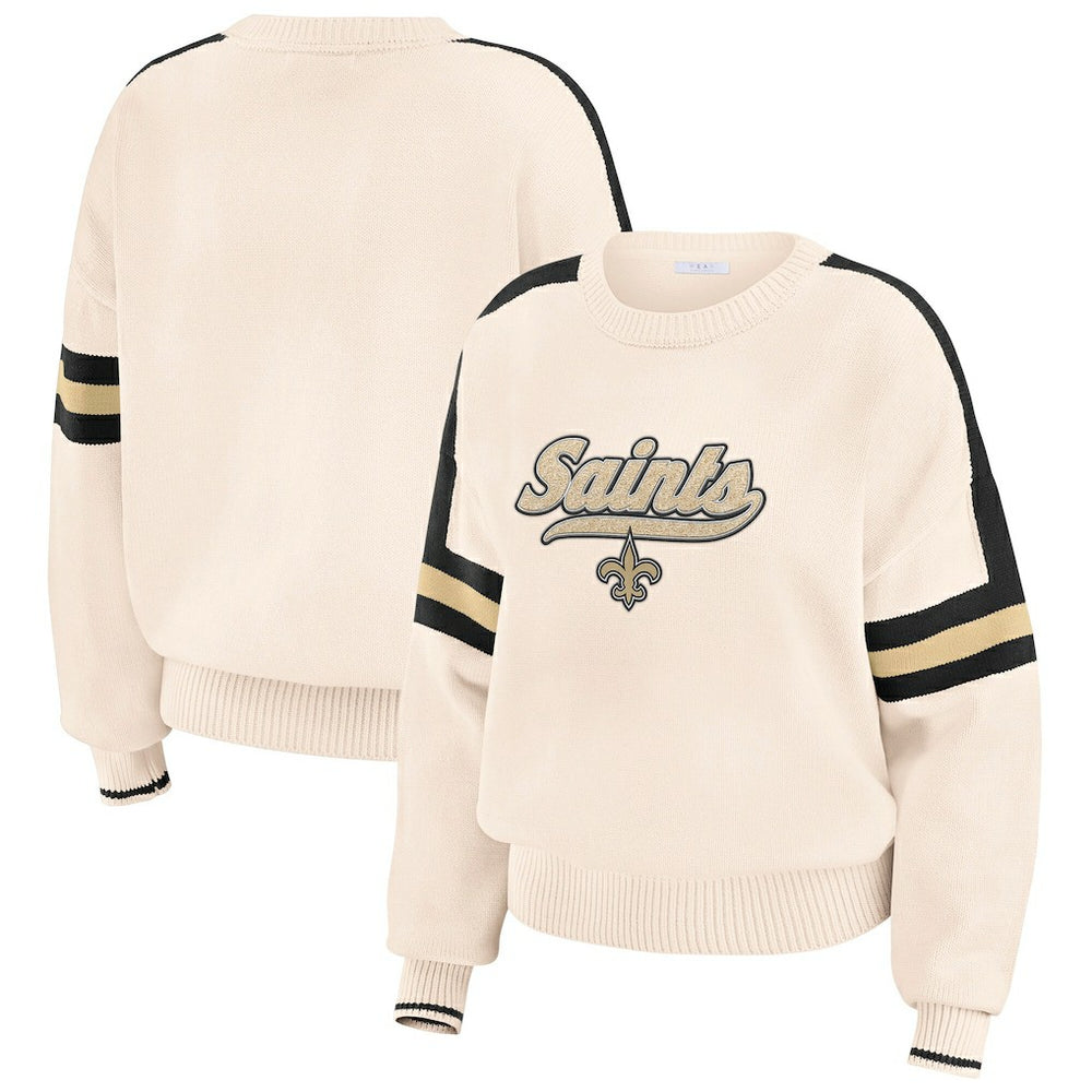 New Orleans Saints WEAR by Erin Andrews Women's Stripe Pullover Sweater Cream | NFL