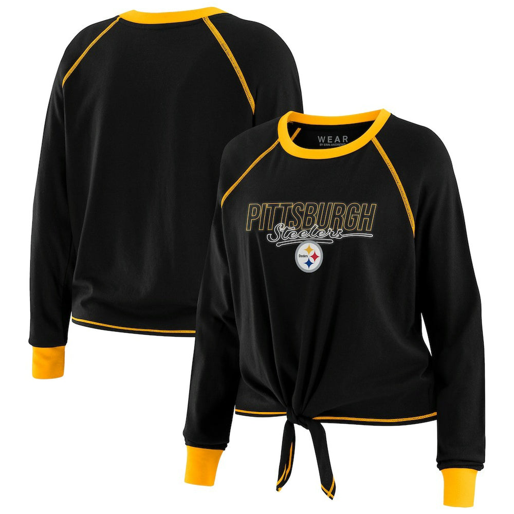 Pittsburgh Steelers WEAR by Erin Andrews Women's Tie-Front Long Sleeve T-Shirt Black | NFL