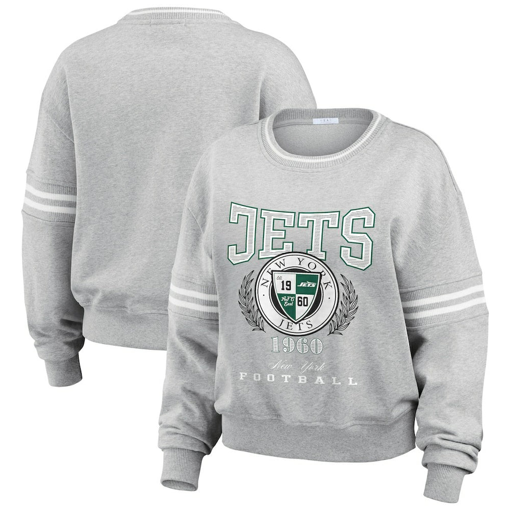 New York Jets WEAR by Erin Andrews Women's Crest Cropped Pullover Sweatshirt Heather Gray | NFL