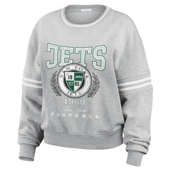 New York Jets WEAR by Erin Andrews Women's Crest Cropped Pullover Sweatshirt Heather Gray | NFL