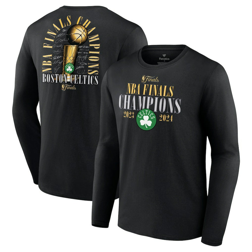 Boston Celtics 2024 NBA Finals Champions Fade Away Jumper Roster Signature Long Sleeve T-Shirt Black - NBA