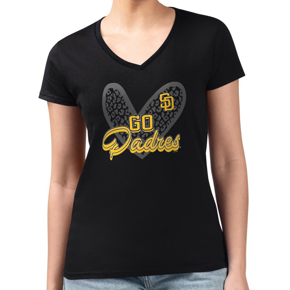 San Diego Padres G-III 4Her by Carl Banks Women's Super-Slim Fit Lightweight Leopard Heart V-Neck T-Shirt - MLB