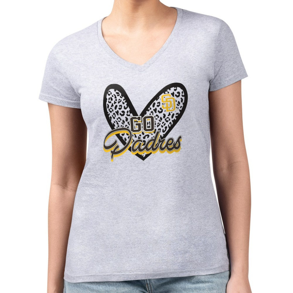 San Diego Padres G-III 4Her by Carl Banks Women's Super-Slim Fit Lightweight Leopard Heart V-Neck T-Shirt - MLB