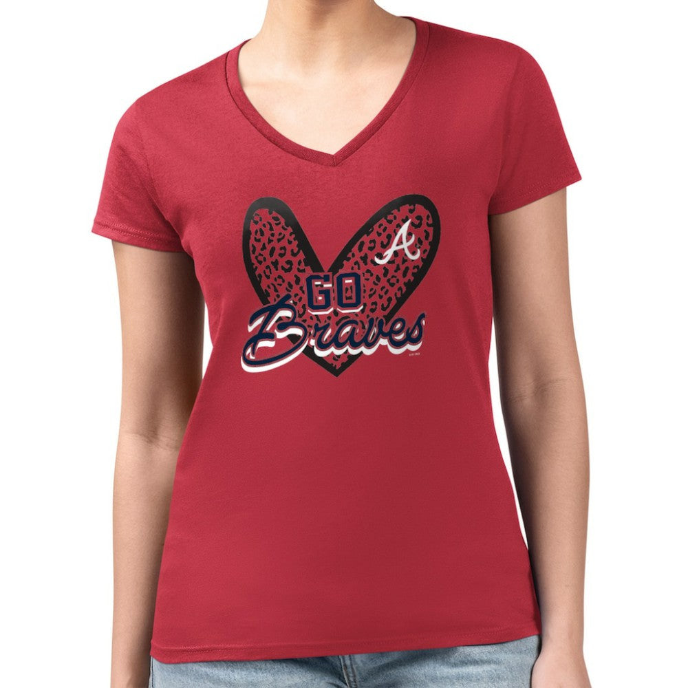 Atlanta Braves G-III 4Her by Carl Banks Women's Super-Slim Fit Lightweight Leopard Heart V-Neck T-Shirt - MLB