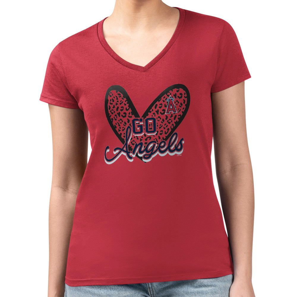 Los Angeles Angels G-III 4Her by Carl Banks Women's Super-Slim Fit Lightweight Leopard Heart V-Neck T-Shirt - MLB