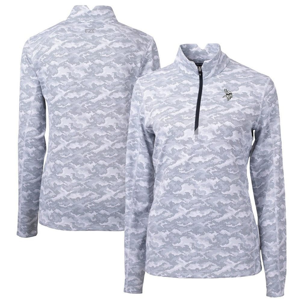 Minnesota Vikings Cutter & Buck Women's Traverse Camo Print Stretch Tri-Blend Quarter-Zip Top Gray | NFL