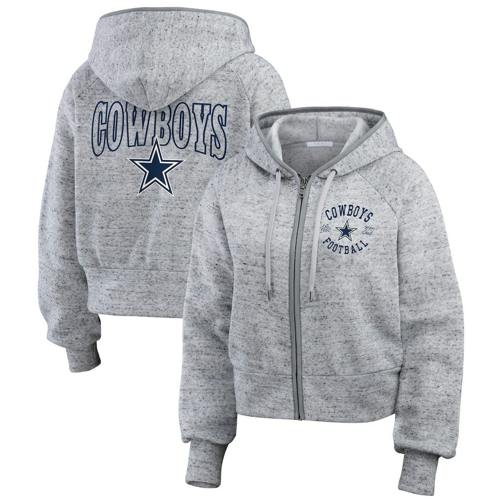 Dallas Cowboys WEAR by Erin Andrews Women's Speckled Fleece Cropped Full-Zip Hoodie Heather Gray | NFL