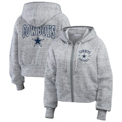 Dallas Cowboys WEAR by Erin Andrews Women's Speckled Fleece Cropped Full-Zip Hoodie Heather Gray | NFL