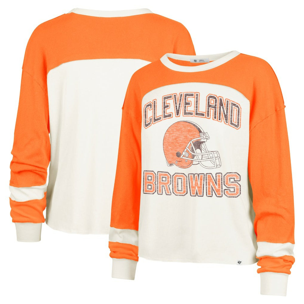 Cleveland Browns '47 Women's Double Header Curve Raglan Long Sleeve Crop Top Cream | 47 brand