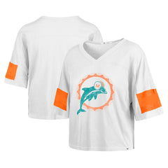 Miami Dolphins '47 Women's Double Header Scout Cropped V-Neck T-Shirt White | 47 brand