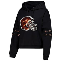 Cleveland Browns Cuce Women's Cropped Sequins Pullover Hoodie Black | NFL