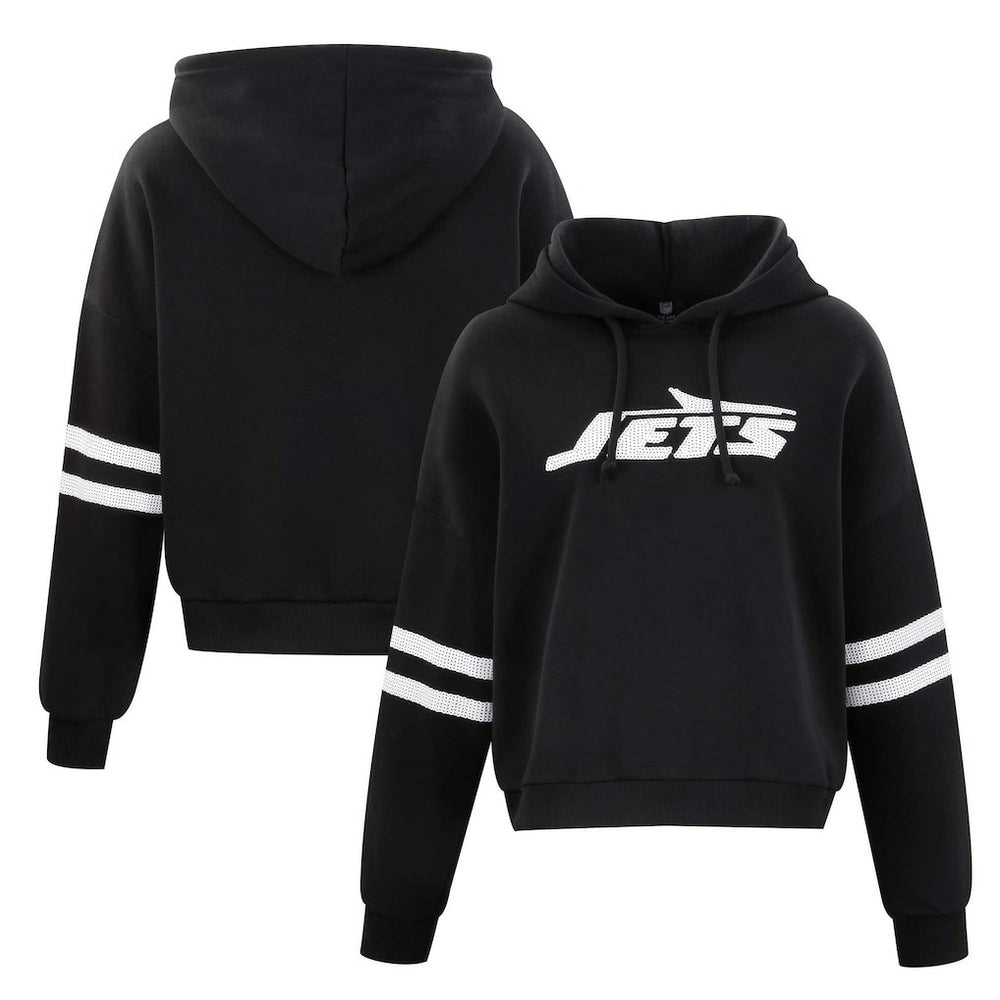 New York Jets Cuce Women's Cropped Sequins Pullover Hoodie Black | NFL