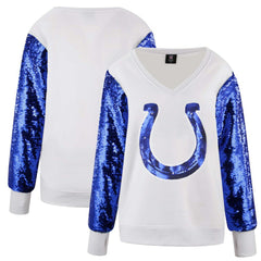 Indianapolis Colts Cuce Women's Sequin Sleeve V-Neck Pullover Sweatshirt- White | NFL
