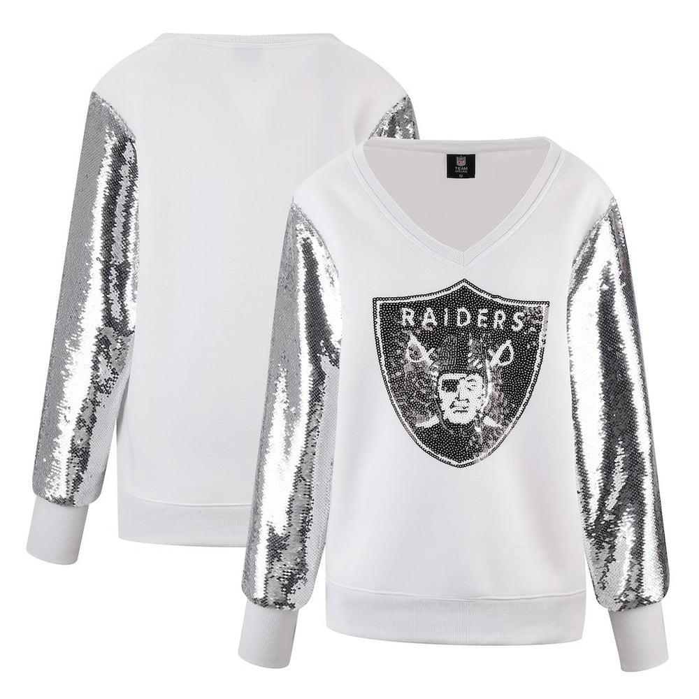 Las Vegas Raiders Cuce Women's Sequin Sleeve V-Neck Pullover Sweatshirt- White | NFL
