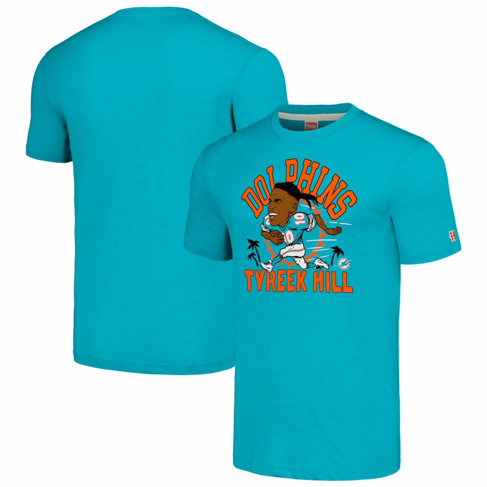 Tyreek Hill Miami Dolphins Homage Unisex Caricature Player Tri-Blend T-Shirt Heathered Aqua | NFL
