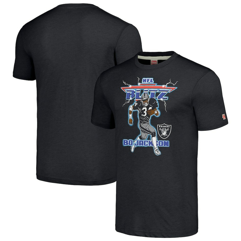 Bo Jackson Las Vegas Raiders Homage Unisex NFL Blitz Retired Player Tri-Blend T-Shirt Heathered Charcoal | NFL