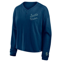 Seattle Kraken Fanatics Women's Oversized All Out Effort Long Sleeve Henley T-Shirt - Deep Sea Blue - NHL