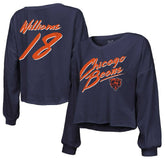 Caleb Williams Chicago Bears Majestic Threads Women's Name & Number Off-Shoulder Script Cropped Long Sleeve Relaxed V-Neck T-Shirt Navy | NFL