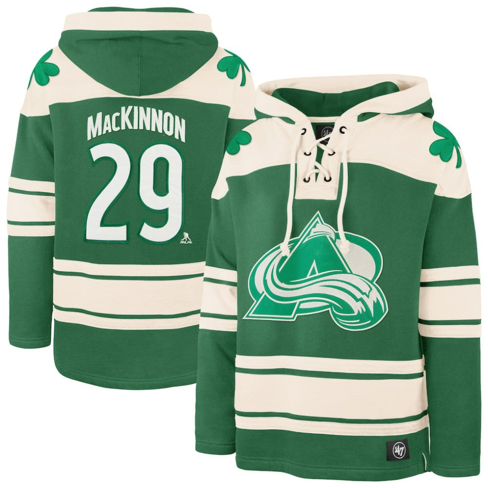 Nathan MacKinnon Colorado Avalanche '47 St. Patrick's Day Player Name & Number Lacer Pullover Hoodie - Kelly Green - NHL