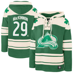Nathan MacKinnon Colorado Avalanche '47 St. Patrick's Day Player Name & Number Lacer Pullover Hoodie - Kelly Green - NHL