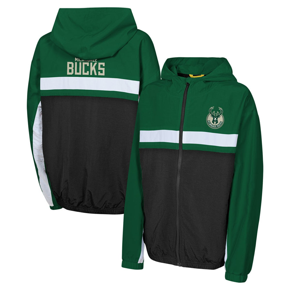 Milwaukee Bucks Youth Headliner Windbreaker Full-Zip Hoodie Jacket Hunter Green - NBA