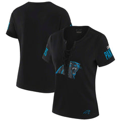 Carolina Panthers WEAR by Erin Andrews x Gracie Hunt Women's Draft Me Lace-Up T-Shirt Black | NFL