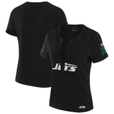 New York Jets WEAR by Erin Andrews x Gracie Hunt Women's Draft Me Lace-Up T-Shirt Black | NFL