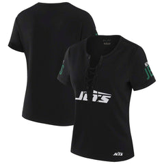 New York Jets WEAR by Erin Andrews x Gracie Hunt Women's Draft Me Lace-Up T-Shirt Black | NFL