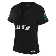 New York Jets WEAR by Erin Andrews x Gracie Hunt Women's Draft Me Lace-Up T-Shirt Black | NFL